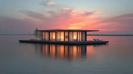 A house sitting on a serene lake, symbolizing the concept of a data lakehouse, where storage and analytics merge seamlessly. The peaceful setting represents the integration of data management and anal