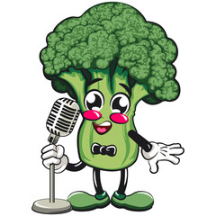 Cute broccoli vegatable vektor illustration mascot character on front of the mic become a stand up comedian, work of hand drawn