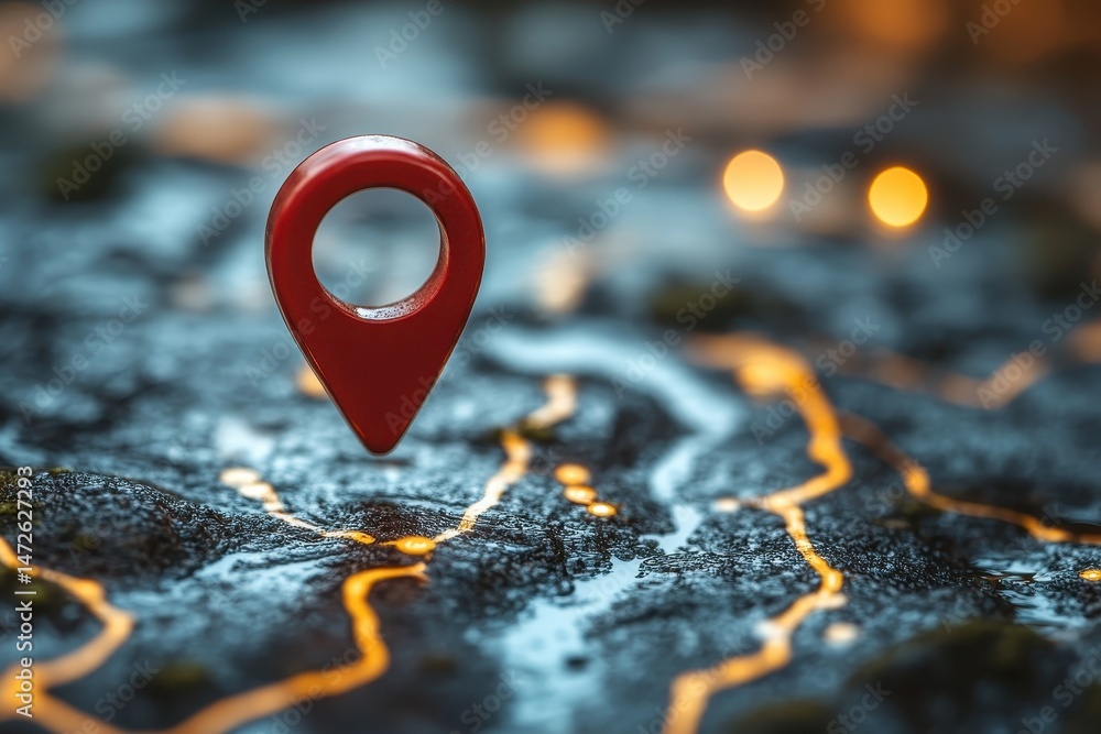 Poster red location marker stands out on a dark, reflective surface with glowing lines representing a map a
