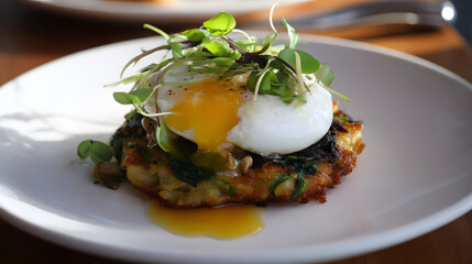 Delicious Crisp Fried Cake of Leftover Potato Greens Topped with Poached Egg and Microgreens on a White Plate