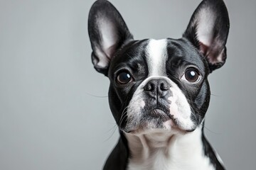 Close-up of a Boston Terrier. The dog is black and white, with large ears and a centered gaze. The background is a neutral gray.