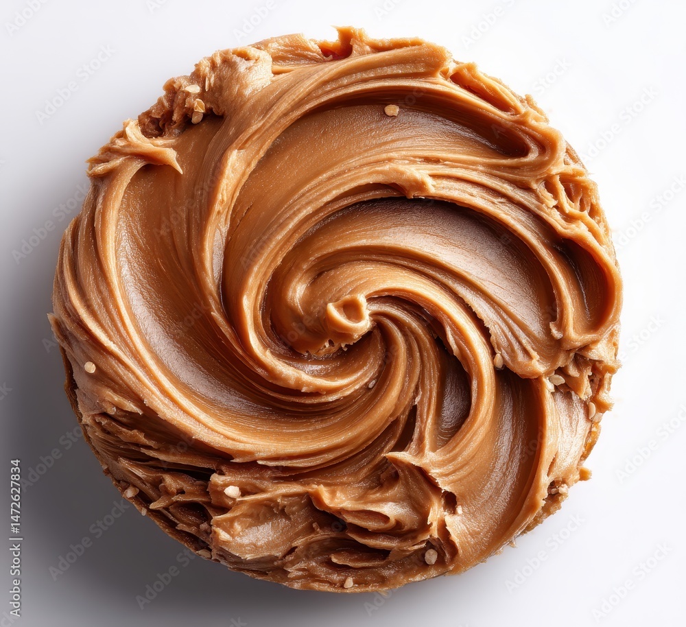 Poster creamy swirls of smooth peanut butter on a white background capturing the rich texture and color for