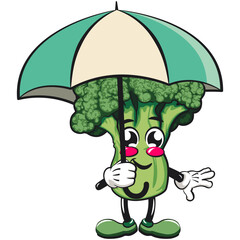 Cute broccoli vegatable vektor illustration mascot character with an umbrella, work of hand drawn