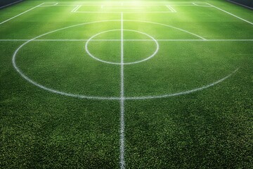 Obraz premium Vibrant green soccer field with white markings.