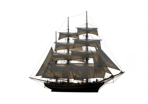 Sailing ship with white sails isolated on transparent background