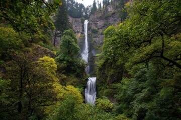 Majestic Multnomah Falls: A Serene Waterfall Surrounded by Lush Green Forests in Oregon's Nature