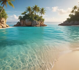 Golden sand, turquoise water, lush island backdrop,  sunlight, tropical beach