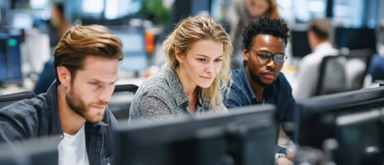 Focused team collaborating on project in modern office.