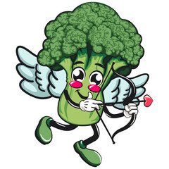 Cute broccoli vegatable vektor illustration mascot character being cupid with angel wings and the arrow of love, work of hand drawn