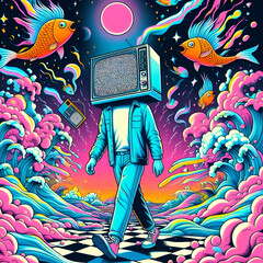 tv head with fish 