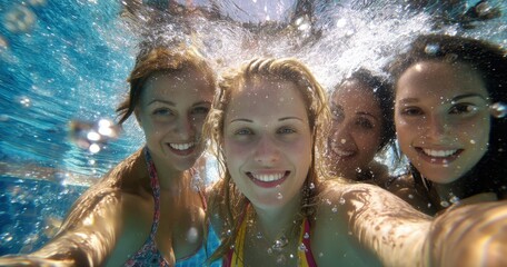 Four women smiling underwater in a pool.