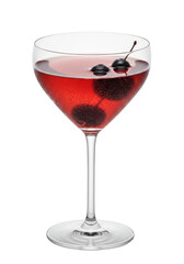 A reddish drink in a clear stemmed glass, with cherries floating, on a dark background