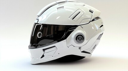 Futuristic white helmet with dark visor, sleek design, advanced technology