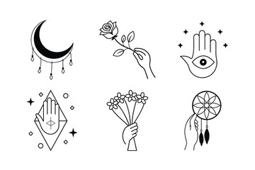 Boho Hand with Crescent Moon and Stars Silhouette