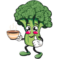 Cute broccoli vegatable vektor illustration mascot character with a cup of coffee or tea while giving a thumbs up, work of hand drawn