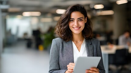 Fototapeta premium Hispanic business woman with tablet for corporate portrait smile 
