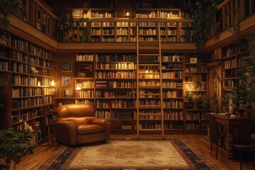 Obraz premium Cozy, well-lit study with bookshelves, armchair, and plants