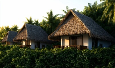 Tropical getaway with idyllic thatched roof bungalows amidst lush greenery