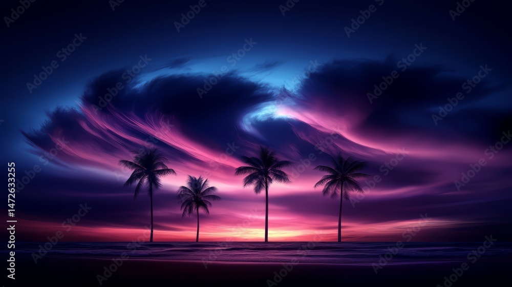 Poster beautiful sunset with a purple and blue sky and palm trees in the foreground. the sky is filled with