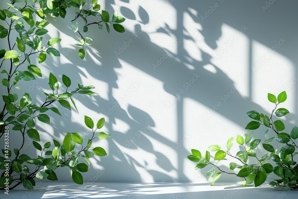 Poster light filters through leaves casting shadows on a wall in a serene indoor setting during the afterno