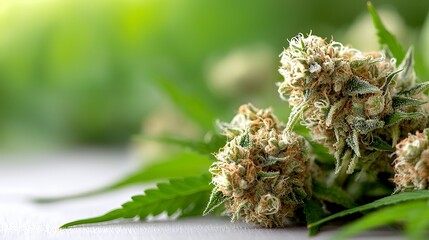 Cannabis Buds and Leaves on a White Surface