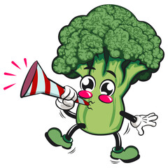 Cute broccoli vegatable vektor illustration mascot character blow the party horn trumpet, work of hand drawn