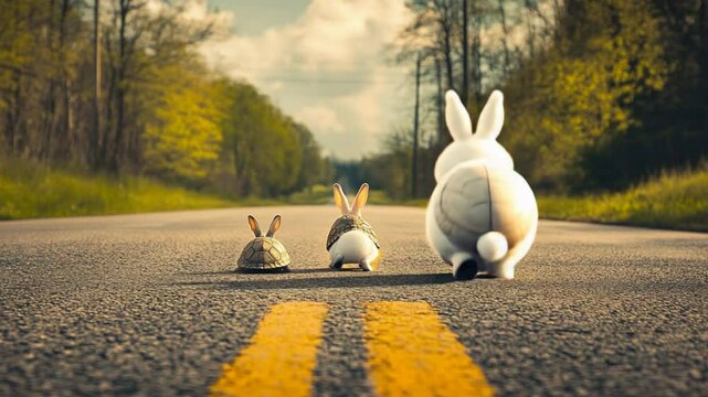 Humorous take on classic fable depicting tortoise and hare during training for race