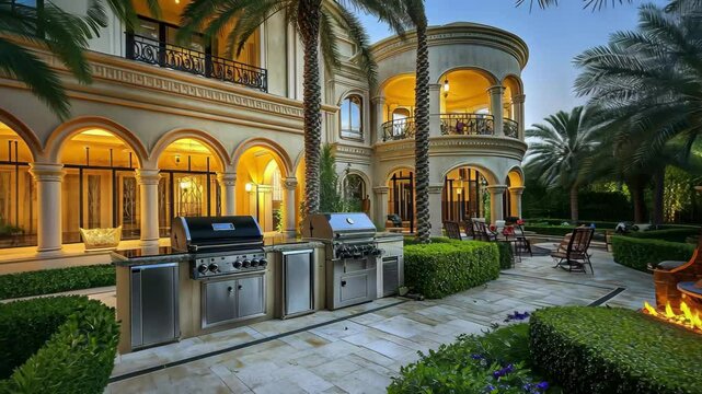 Backyard barbecue setup at a luxurious villa during twilight with palm trees and outdoor amenities, Barbecue in the backyard of a wealthy private villa in Dubai