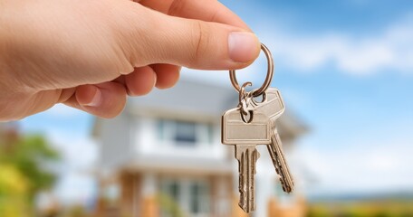 Hand holding house keys with blurred background.