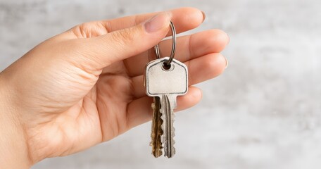 Hand holding silver keys on a ring.