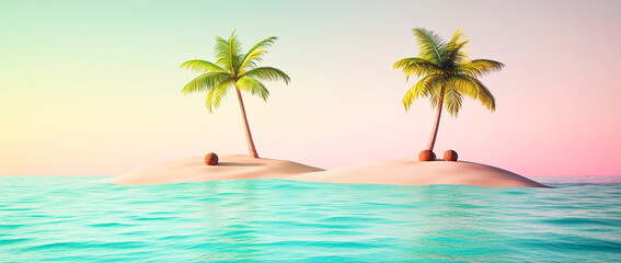 Fototapeta premium Small tropical islands with palm trees and coconuts surrounded by calm turquoise water.