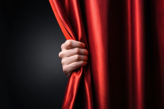 Hand pulling back a red curtain with dramatic lighting.
