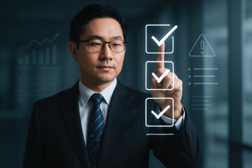 Digital to do list system displayed over man working on laptop, focusing on productivity, task management, and strategic planning for successful project execution in personal or business setting - Dig