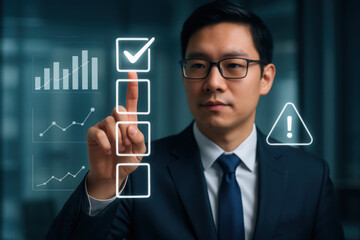 Digital to do list system displayed over man working on laptop, focusing on productivity, task management, and strategic planning for successful project execution in personal or business setting - Dig