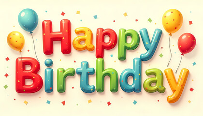 A vibrant 'Happy Birthday' design with balloons, confetti, and a lively, festive aesthetic.