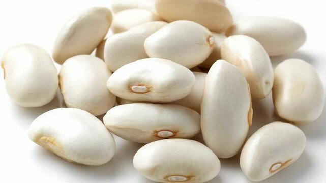 Close-up studio shot featuring a pile of lima beans, creamy white color, and delicate texture displayed on a bright neutral surface.