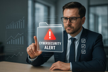 Warning alert icon with a hacked document system - Digital Business Interface Concept