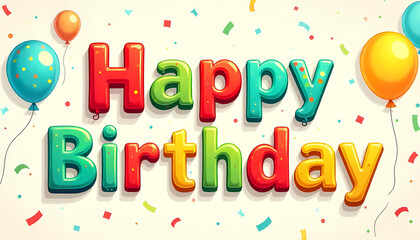 A bright, colorful illustration that says 'Happy Birthday' with balloons and confetti in a fun design.