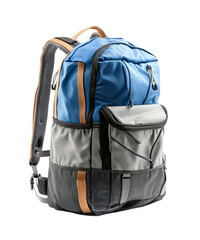 Naklejka premium Blue and gray backpack with a front pocket, isolated on Png Format and Transparent Background