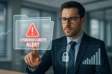 Warning alert icon with a hacked document system - Digital Business Interface Concept