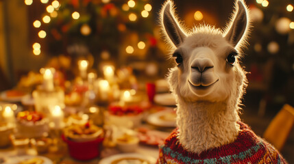 Llama wearing a festive sweater in a decorated holiday setting  