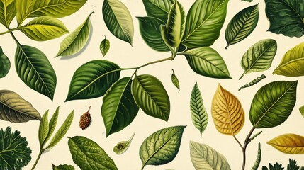 Detailed illustration of leaves in a botanical study, labeled with scientific names and intricate details