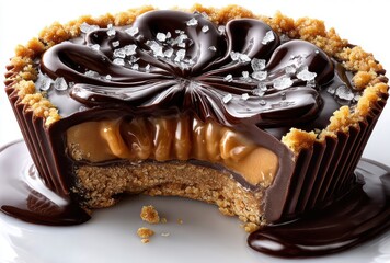 Decadent Chocolate Dessert with Rich Caramel Filling in a Cookie Crust, Garnished with Sugar Crystals and Drizzled Chocolate Sauce