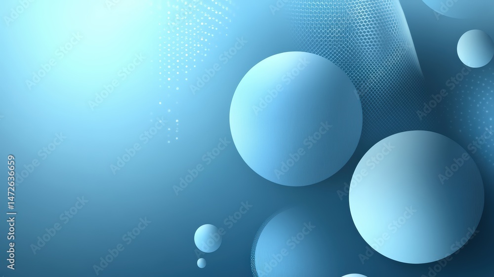 Poster abstract digital background with blue gradient and various size spheres creating a modern, futuristi