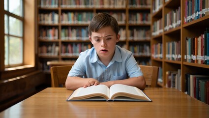 Person with Down Syndrome Reading in a Quiet Library, Peaceful and Inclusive Learning Moment
