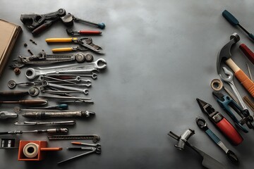 Fototapeta premium A variety of tools are laid out neatly on a gray background, creating a flat lay composition for a visual representation of a workshop.
