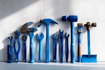 A row of blue tools, including a hammer, wrenches, and pliers, displayed against a white background, highlighting the tools' professional appearance and their readiness for work.