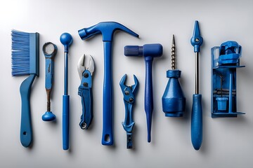 A flat lay of blue tools neatly arranged on a white background, showcasing order and precision in DIY and home improvement.