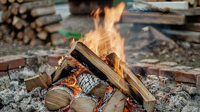 Bonfire burning brightly with small logs in a circular stone pit during evening gathering, A bonfire of small logs of wood being burned in a place surrounded by bricks_8