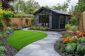 Beautiful garden pathway leading to a charming modern shed surrounded by vibrant flowers and greenery